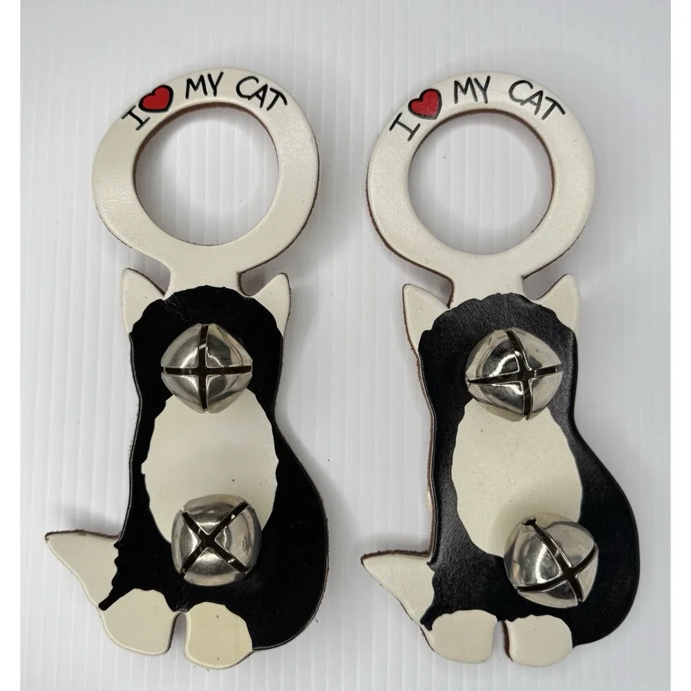 I Love My Cat Bells Leather Door Hanger Belsnickel Bell People Black White NWT